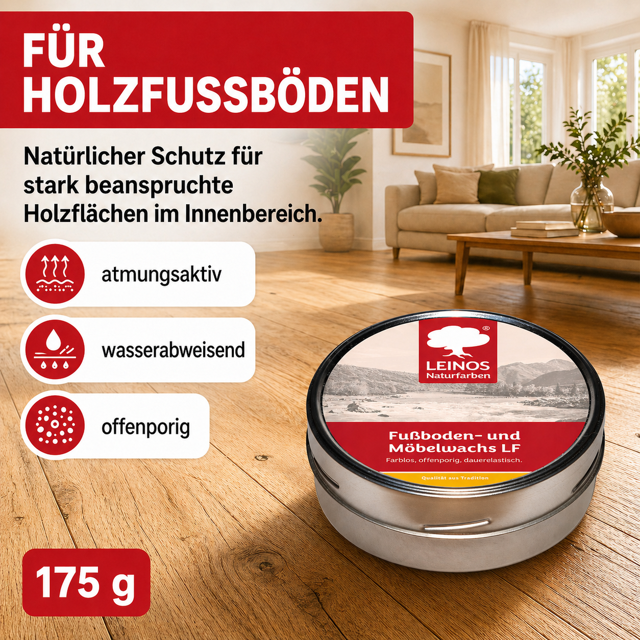 LEINOS Fußboden- & Möbelwachs LF 310 | 175 gramm  Natürliches Hartwachs für Innenbereiche | Atmungsaktiver Schutz für Holz, Kork, Tonfliesen | Reines Naturwachs mit Bienen- & Carnaubawachs
