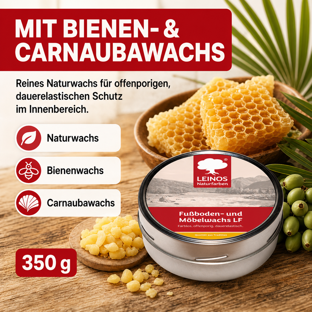 LEINOS Fußboden- & Möbelwachs LF 310 | 350 gramm  Natürliches Hartwachs für Innenbereiche | Atmungsaktiver Schutz für Holz, Kork, Tonfliesen | Reines Naturwachs mit Bienen- & Carnaubawachs
