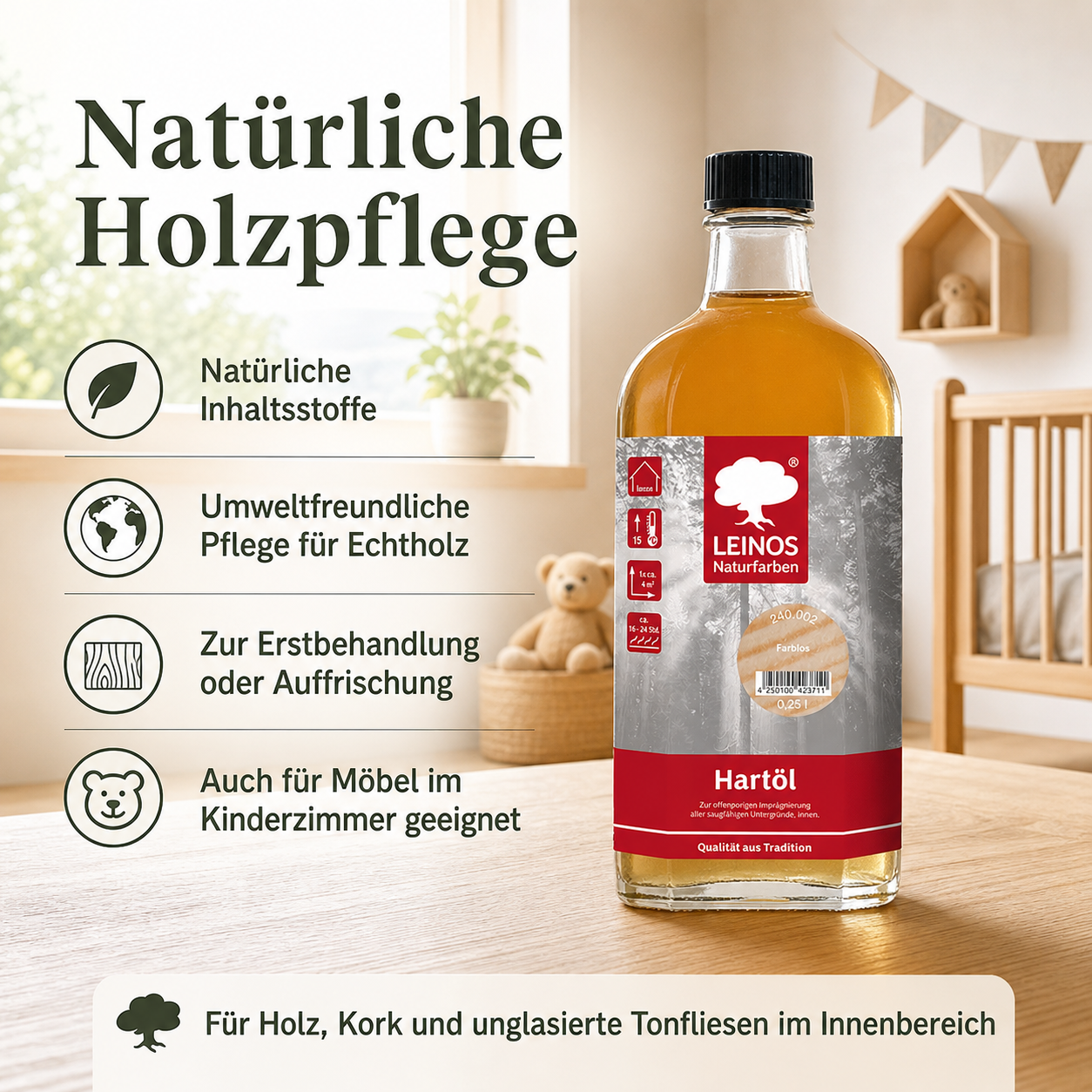 LEINOS Holzöl 250 ml | Hartöl Farblos für Tische Möbel Arbeitsplatten | Teak Eiche Möbelöl für effektive Versiegelung und langanhaltenden Schutz im Innenbereich