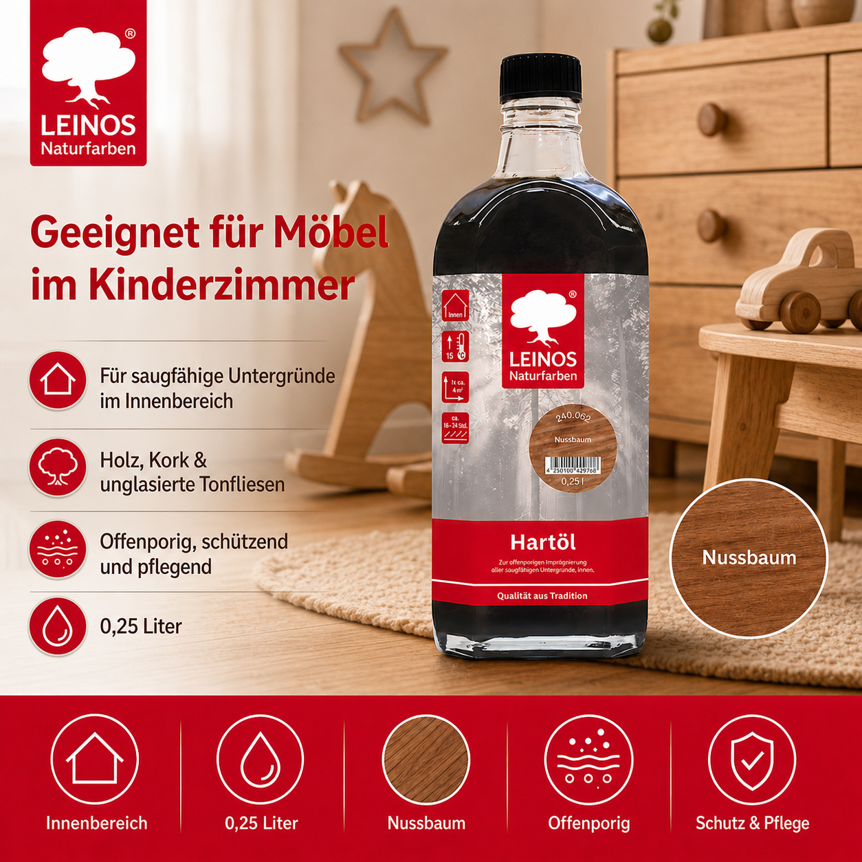 LEINOS Holzöl 250 ml | Hartöl Nussbaum für Tische Möbel Arbeitsplatten | Teak Eiche Möbelöl für effektive Versiegelung und langanhaltenden Schutz im Innenbereich