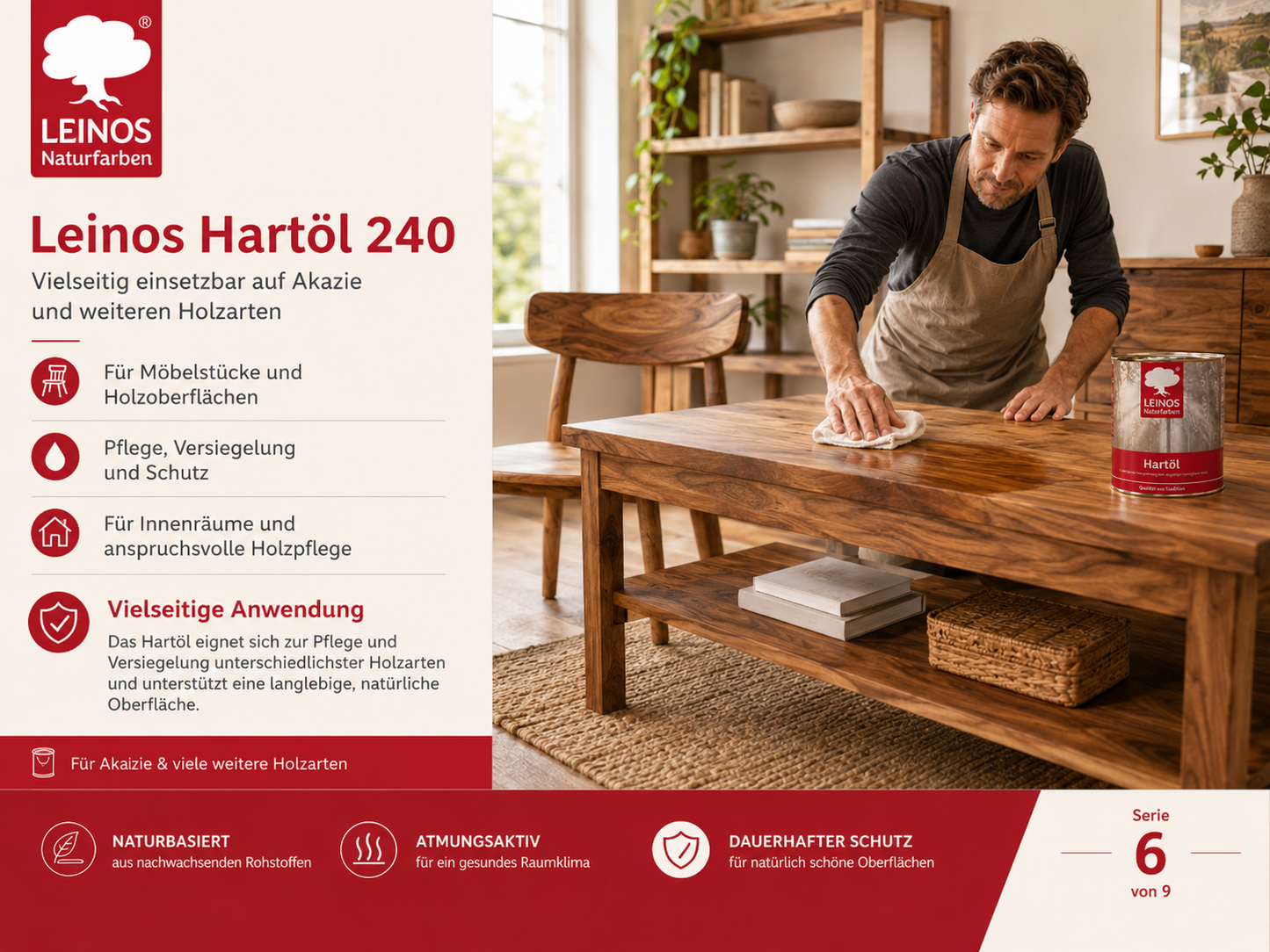 LEINOS Holzöl 750 ml | Hartöl Farblos für Tische Möbel Arbeitsplatten | Teak Eiche Möbelöl für effektive Versiegelung und langanhaltenden Schutz im Innenbereich