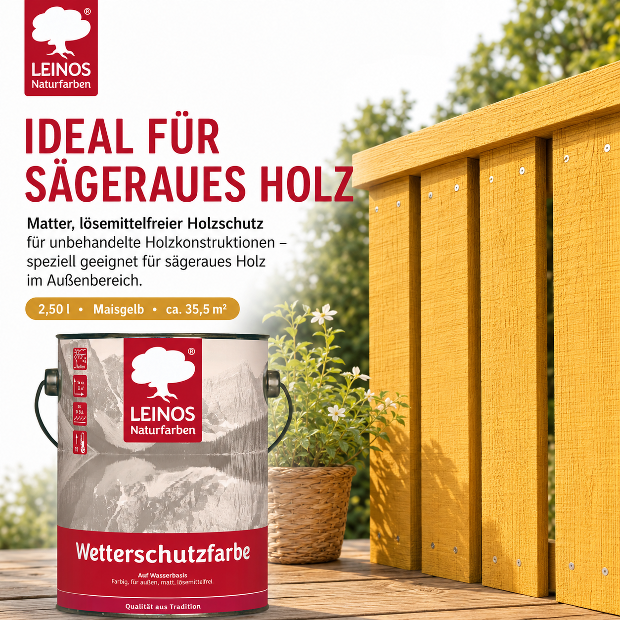 LEINOS Wetterschutzfarbe auf Wasserbasis 855 –2,50 l Maisgelb- Lösemittelfreier, matter Anstrich für unbehandelte Holzkonstruktionen im Außenbereich, ideal für sägeraues Holz