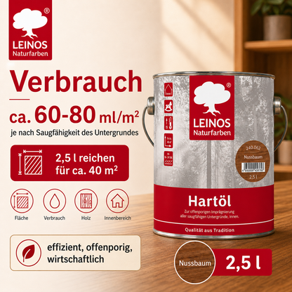 LEINOS Holzöl 2,5 l | Hartöl Nussbaum für Tische Möbel Arbeitsplatten | Teak Eiche Möbelöl für effektive Versiegelung und langanhaltenden Schutz im Innenbereich