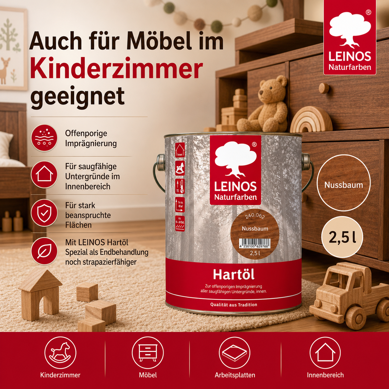 LEINOS Holzöl 2,5 l | Hartöl Nussbaum für Tische Möbel Arbeitsplatten | Teak Eiche Möbelöl für effektive Versiegelung und langanhaltenden Schutz im Innenbereich