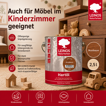 LEINOS Holzöl 2,5 l | Hartöl Nussbaum für Tische Möbel Arbeitsplatten | Teak Eiche Möbelöl für effektive Versiegelung und langanhaltenden Schutz im Innenbereich