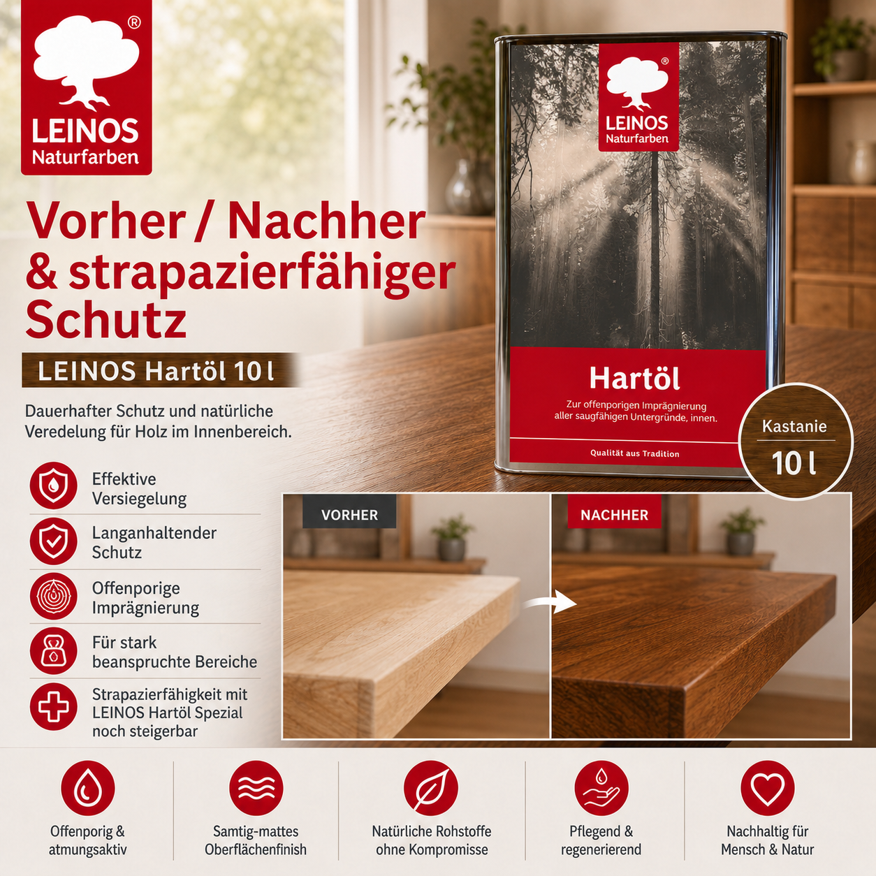 LEINOS Holzöl 10 l | Hartöl Kastanie für Tische Möbel Arbeitsplatten | Teak Eiche Möbelöl für effektive Versiegelung und langanhaltenden Schutz im Innenbereich