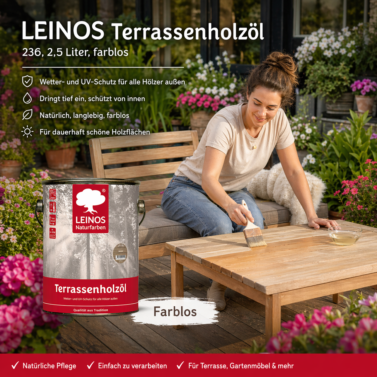 LEINOS Terrassenholzöl 236 | 2,5 Liter | Hochwertiges Holzöl für außen | Für Terrassen, Zäune, Kinderspielgeräte | Farbton: farblos | Tiefer Holzschutz & leichte Anwendung