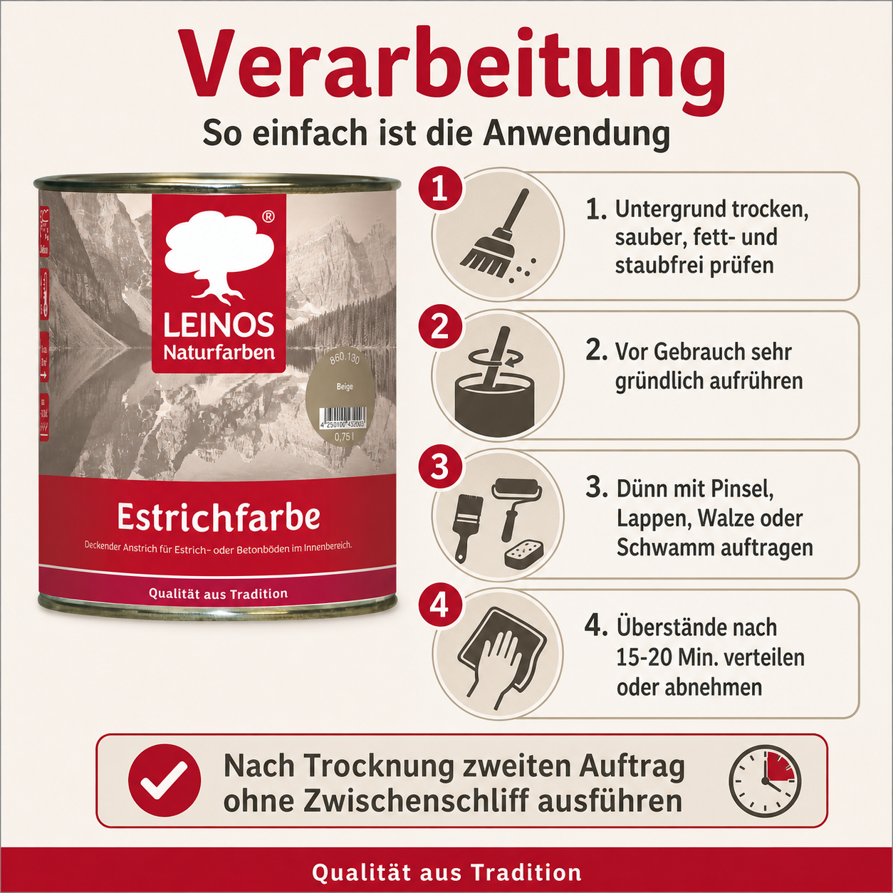 Leinos Naturfarben Estrichfarbe 860 | für innen | Schutz & Farbgebung für offenporige Estrich- & Betonflächen | abriebfest, wasserabweisend | Beige  | 0,75 Liter