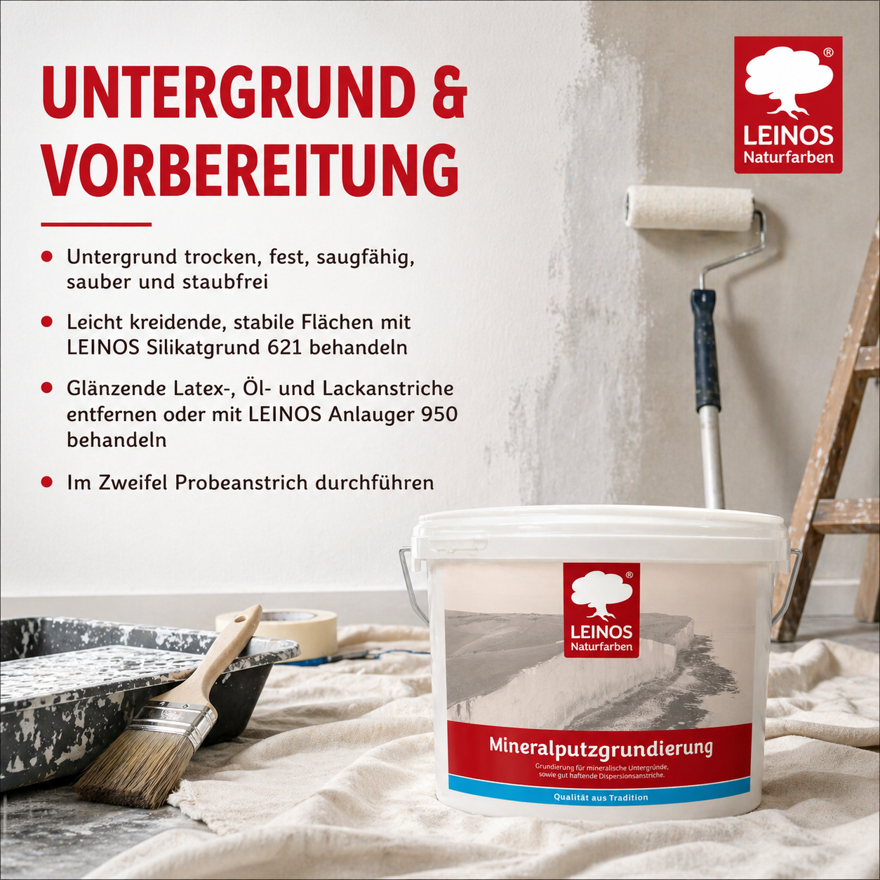 LEINOS Mineralputzgrundierung 10 L – pigmentierte, raue silikatische Grundierung für innen, Voranstrich für Silikat- und Kalkfarben auf Putz, Beton, Ziegel, Lehmputz und Gipskarton, atmungsaktiv weiß!
