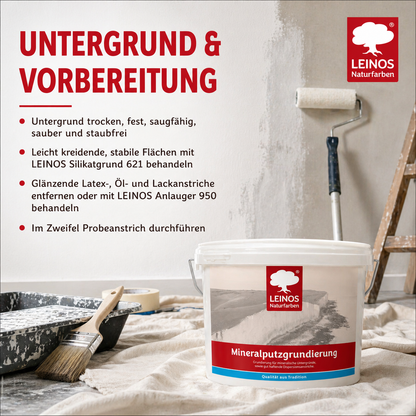 LEINOS Mineralputzgrundierung 10 L – pigmentierte, raue silikatische Grundierung für innen, Voranstrich für Silikat- und Kalkfarben auf Putz, Beton, Ziegel, Lehmputz und Gipskarton, atmungsaktiv weiß!