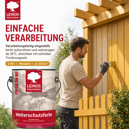 LEINOS Wetterschutzfarbe auf Wasserbasis 855 –2,50 l Maisgelb- Lösemittelfreier, matter Anstrich für unbehandelte Holzkonstruktionen im Außenbereich, ideal für sägeraues Holz