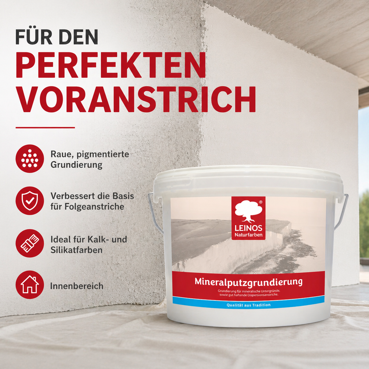 LEINOS Mineralputzgrundierung 2,5 L – pigmentierte, raue silikatische Grundierung für innen, Voranstrich für Silikat- und Kalkfarben auf Putz, Beton, Ziegel, Lehmputz und Gipskarton, atmungsaktiv weiß