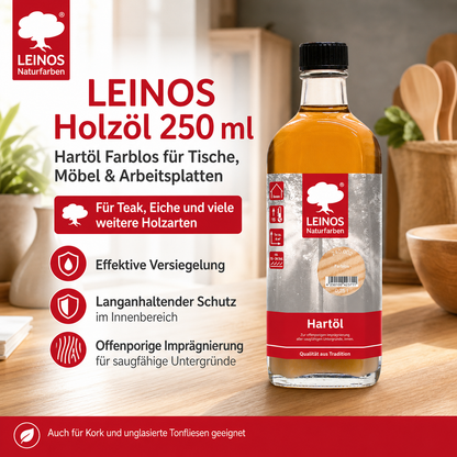 LEINOS Holzöl 250 ml | Hartöl Farblos für Tische Möbel Arbeitsplatten | Teak Eiche Möbelöl für effektive Versiegelung und langanhaltenden Schutz im Innenbereich