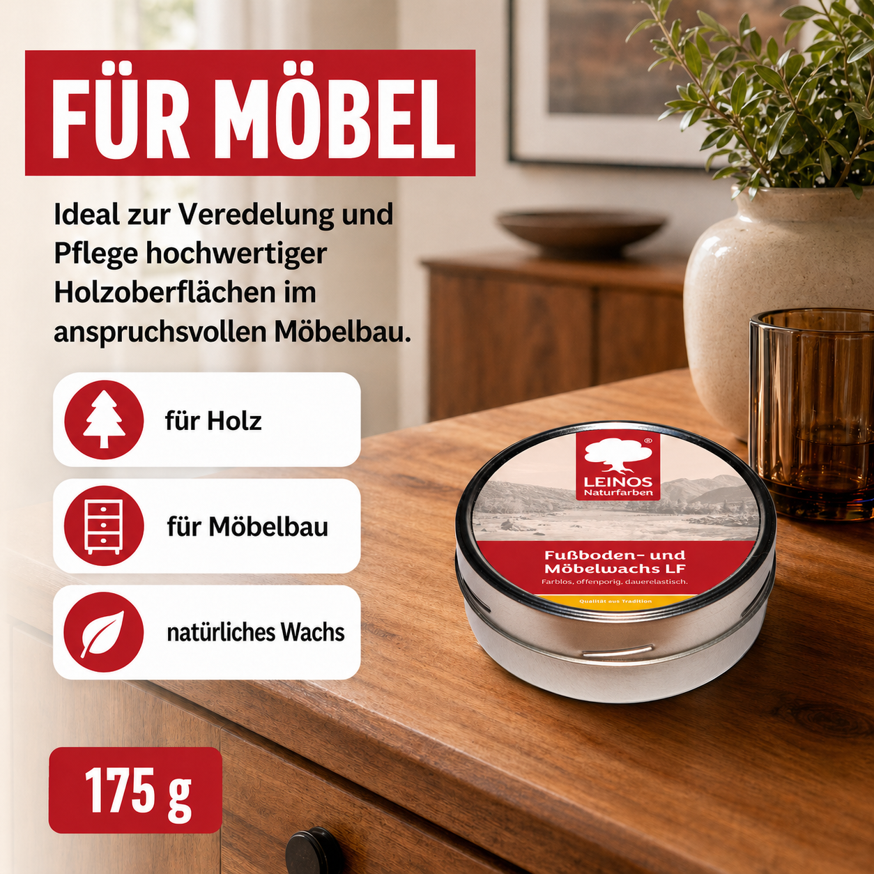 LEINOS Fußboden- & Möbelwachs LF 310 | 175 gramm  Natürliches Hartwachs für Innenbereiche | Atmungsaktiver Schutz für Holz, Kork, Tonfliesen | Reines Naturwachs mit Bienen- & Carnaubawachs