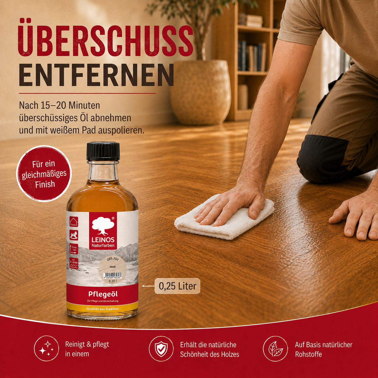LEINOS 285 Pflegeöl 202 Weiß 0,25 Liter | Zur Behandlung aller geölten und gewachsten Flächen wie Holz, Kork und Linoleum im Innenbereich |
