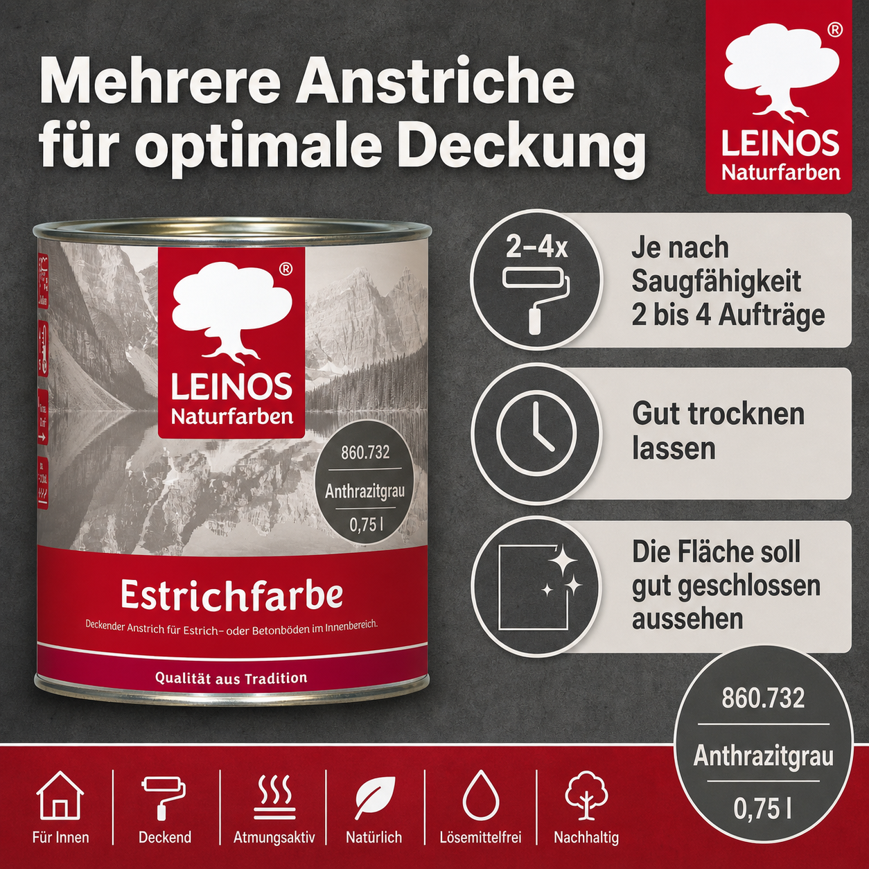 LEINOS Estrichfarbe 860 0,75L Anthrazitgrau– seidenglänzende Beton- & Estrichfarbe für Innen – strapazierfähig & deckend – für Keller, Treppen & Garagenböden – offenporiger Schutzanstrich
