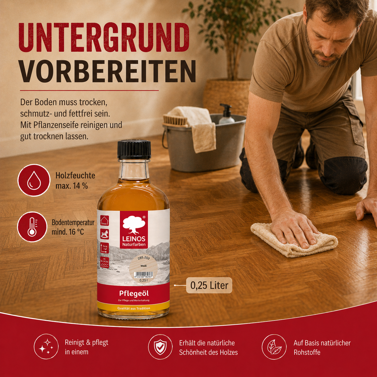 LEINOS 285 Pflegeöl 202 Weiß 0,25 Liter | Zur Behandlung aller geölten und gewachsten Flächen wie Holz, Kork und Linoleum im Innenbereich |