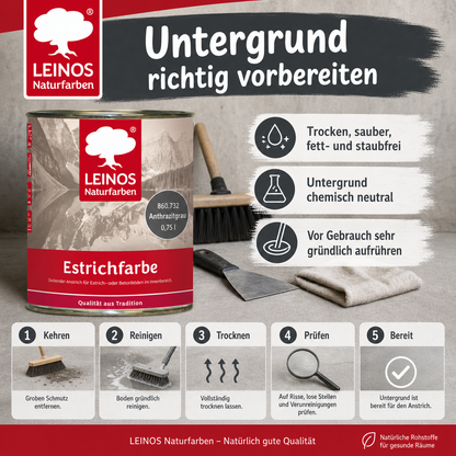 LEINOS Estrichfarbe 860 0,75L Anthrazitgrau– seidenglänzende Beton- & Estrichfarbe für Innen – strapazierfähig & deckend – für Keller, Treppen & Garagenböden – offenporiger Schutzanstrich