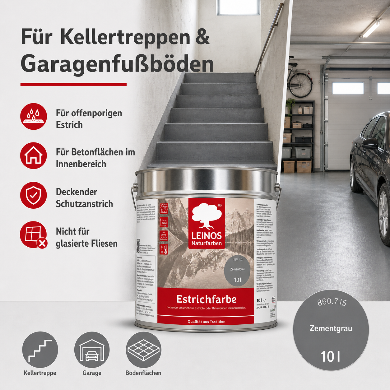 LEINOS 860 Estrichfarbe für Innen, 10l, Zementgrau