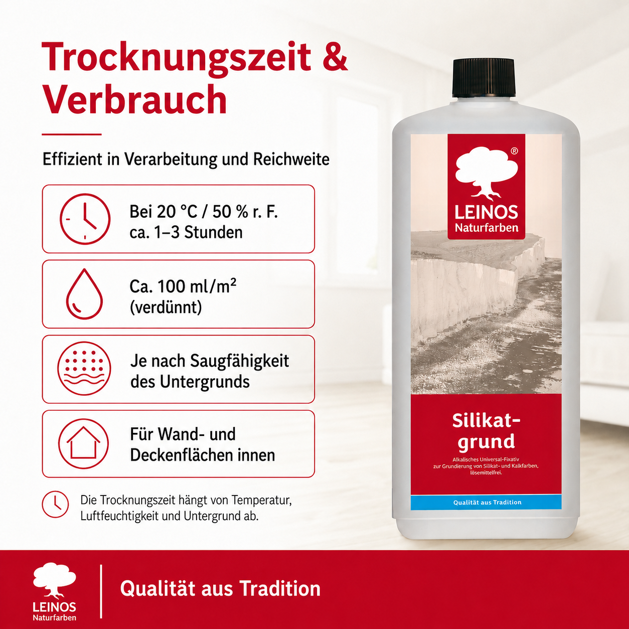 LEINOS Silikatgrund 621 | Universal-Fixativ & Grundierung für Silikat- & Kalkfarben | Farblos, hoch wasserdampfdurchlässig, lösemittelfrei | 1 Liter | von LEINOS