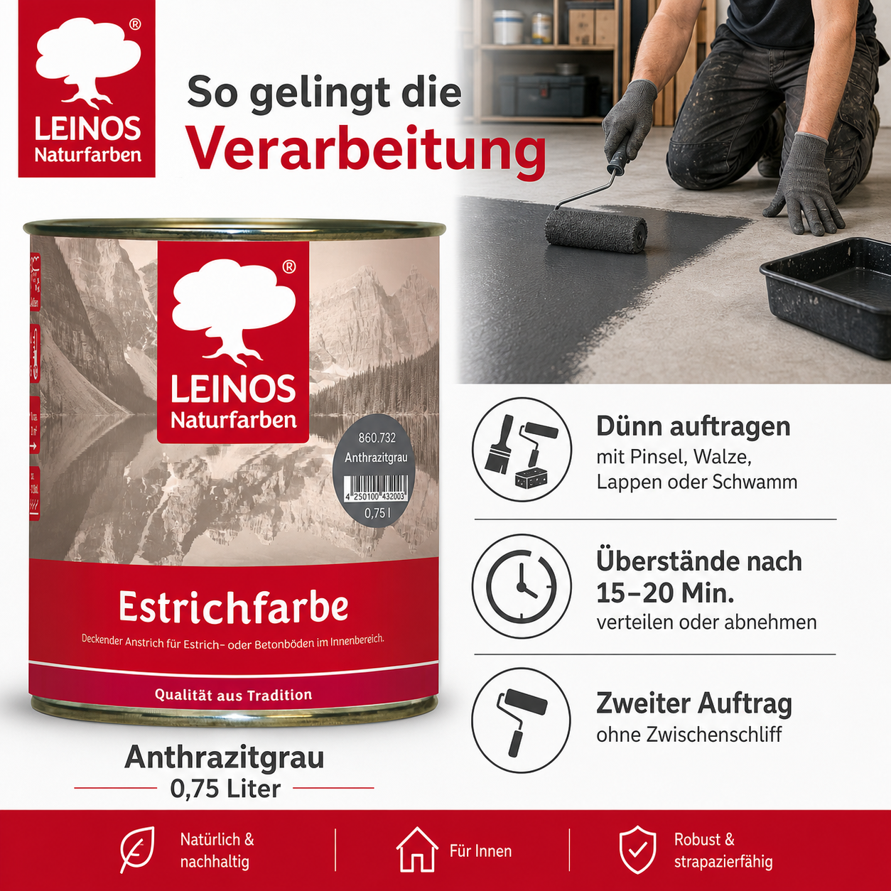 LEINOS Estrichfarbe 860 0,75L Anthrazitgrau– seidenglänzende Beton- & Estrichfarbe für Innen – strapazierfähig & deckend – für Keller, Treppen & Garagenböden – offenporiger Schutzanstrich