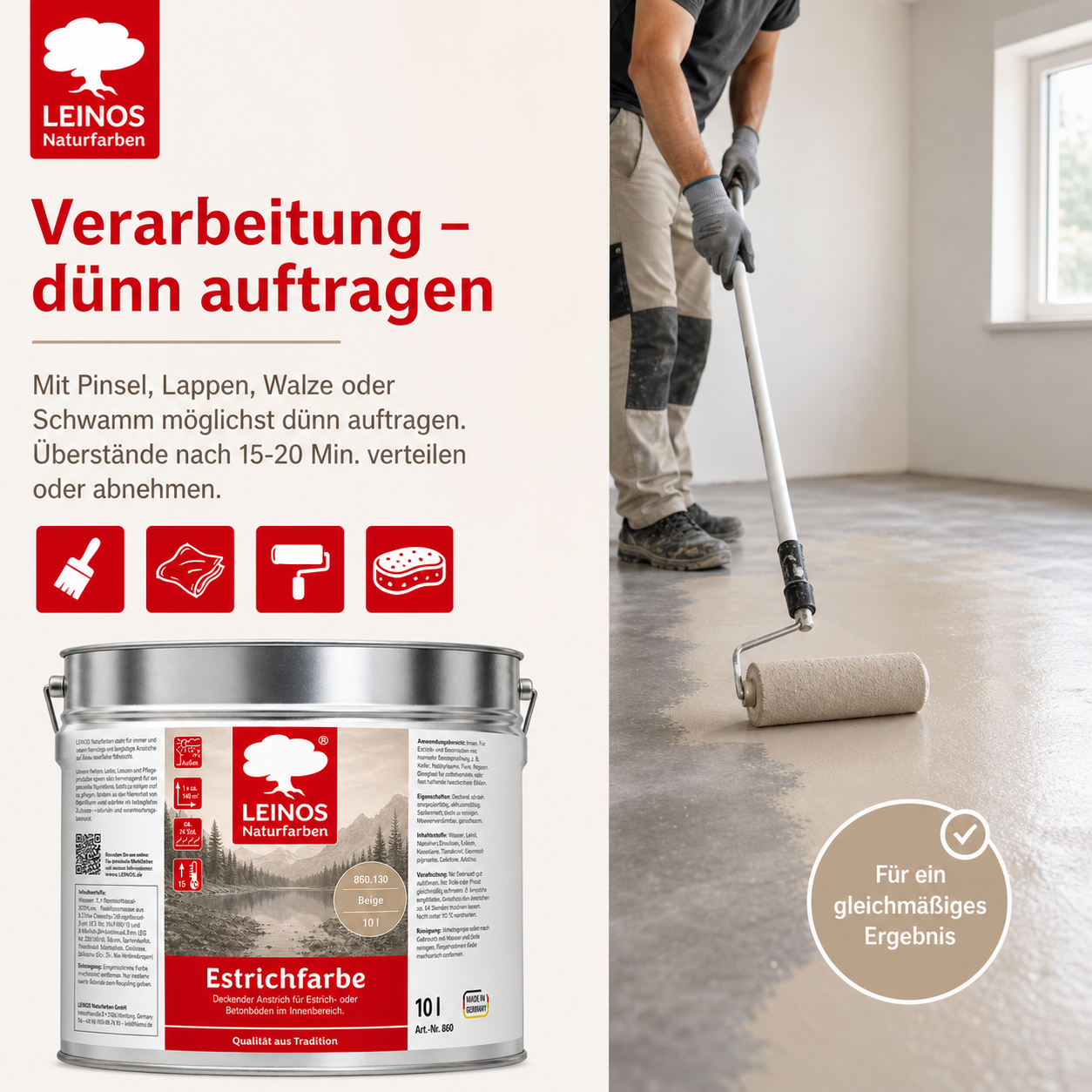 LEINOS 860 Estrichfarbe für Innen, 10l, Beige
