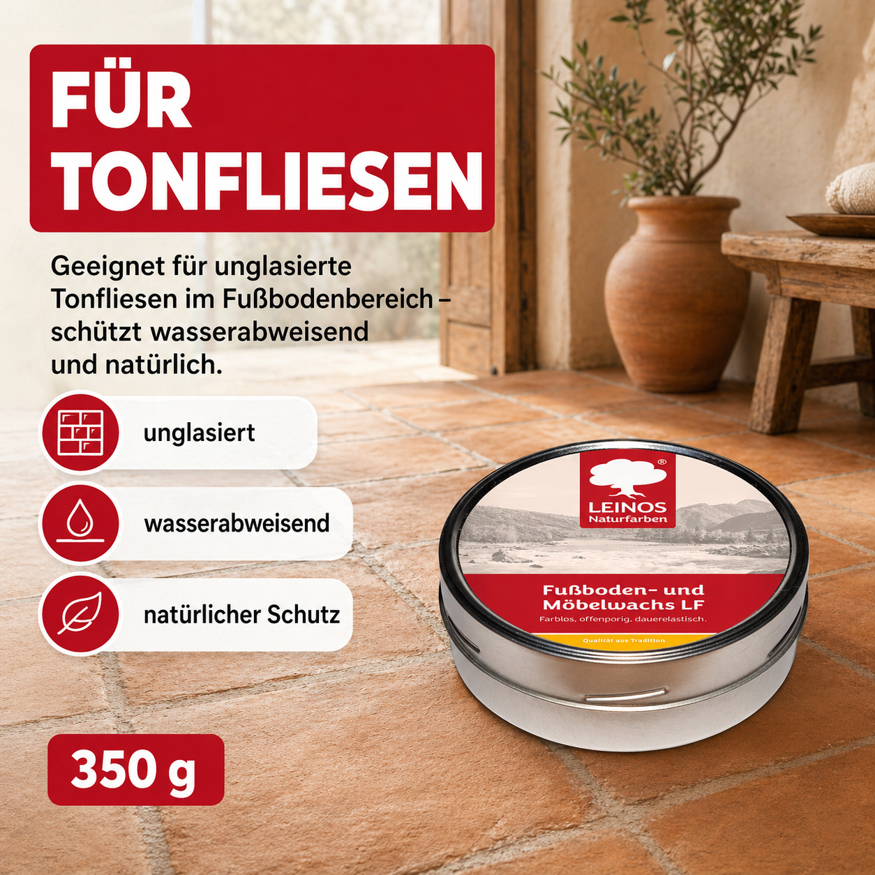 LEINOS Fußboden- & Möbelwachs LF 310 | 350 gramm  Natürliches Hartwachs für Innenbereiche | Atmungsaktiver Schutz für Holz, Kork, Tonfliesen | Reines Naturwachs mit Bienen- & Carnaubawachs