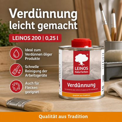 LEINOS 200 Verdünnung 0,25 Liter | Zum Verdünnen aller öligen Produkte sowie zur Reinigung der Arbeitsgeräte. Auch als Fleckentferner geeignet.