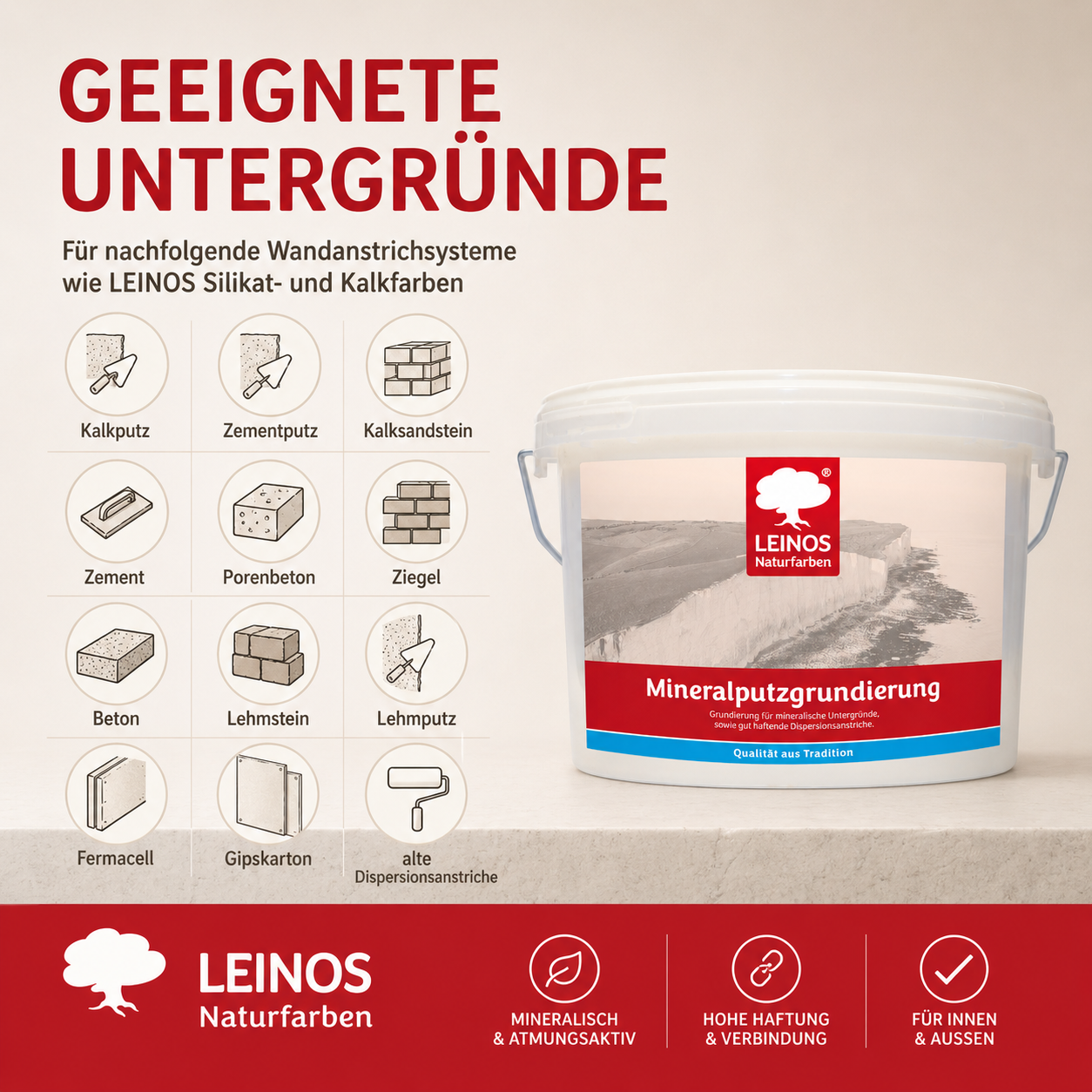 LEINOS Mineralputzgrundierung 2,5 L – pigmentierte, raue silikatische Grundierung für innen, Voranstrich für Silikat- und Kalkfarben auf Putz, Beton, Ziegel, Lehmputz und Gipskarton, atmungsaktiv weiß