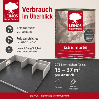LEINOS Estrichfarbe 860 0,75L Anthrazitgrau– seidenglänzende Beton- & Estrichfarbe für Innen – strapazierfähig & deckend – für Keller, Treppen & Garagenböden – offenporiger Schutzanstrich
