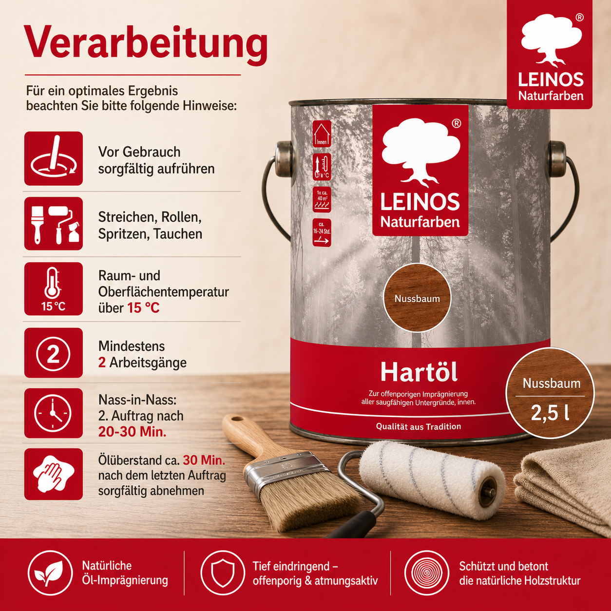 LEINOS Holzöl 2,5 l | Hartöl Nussbaum für Tische Möbel Arbeitsplatten | Teak Eiche Möbelöl für effektive Versiegelung und langanhaltenden Schutz im Innenbereich