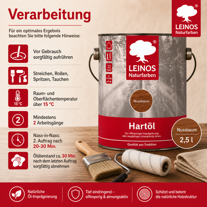 LEINOS Holzöl 2,5 l | Hartöl Nussbaum für Tische Möbel Arbeitsplatten | Teak Eiche Möbelöl für effektive Versiegelung und langanhaltenden Schutz im Innenbereich