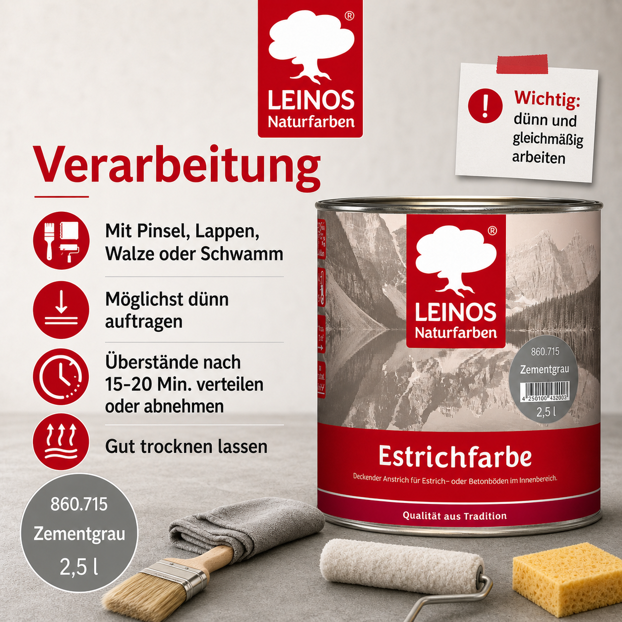 Estrichfarbe 860 | 2,5 Liter | für innen | Schutz & Farbgebung für offenporige Estrich- & Betonflächen | abriebfest, wasserabweisend, speichel- & schweißecht |  Zementgrau