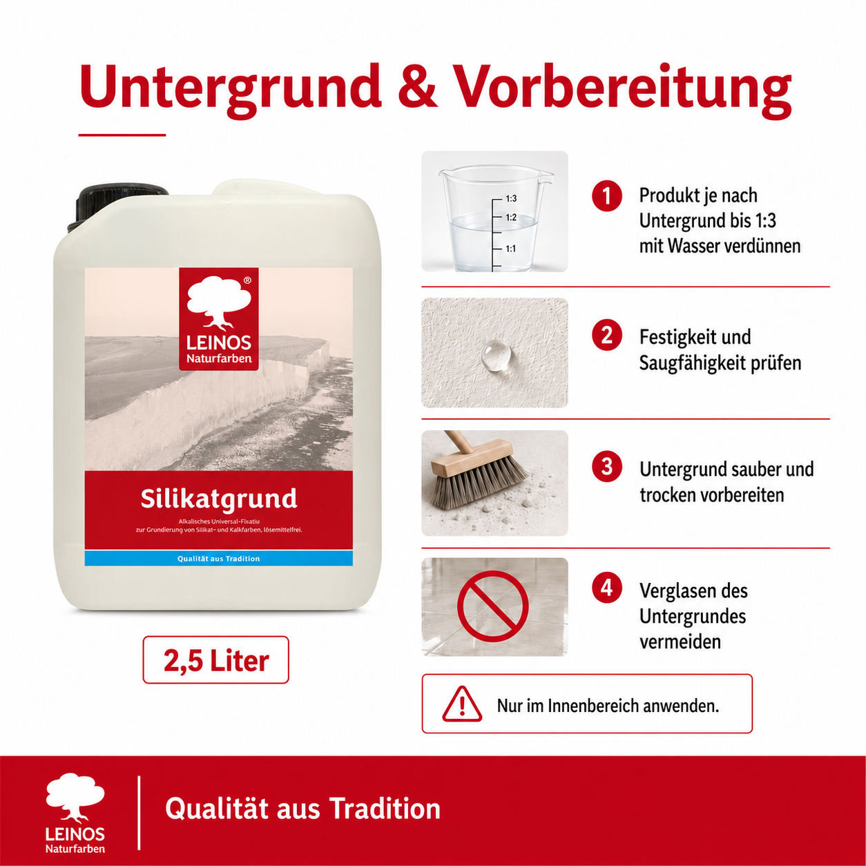 LEINOS Silikatgrund 621 | Universal-Fixativ & Grundierung für Silikat- & Kalkfarben | Farblos, hoch wasserdampfdurchlässig, lösemittelfrei | 2,5 Liter | von LEINOS