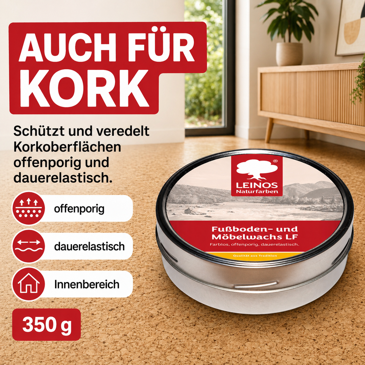 LEINOS Fußboden- & Möbelwachs LF 310 | 350 gramm  Natürliches Hartwachs für Innenbereiche | Atmungsaktiver Schutz für Holz, Kork, Tonfliesen | Reines Naturwachs mit Bienen- & Carnaubawachs