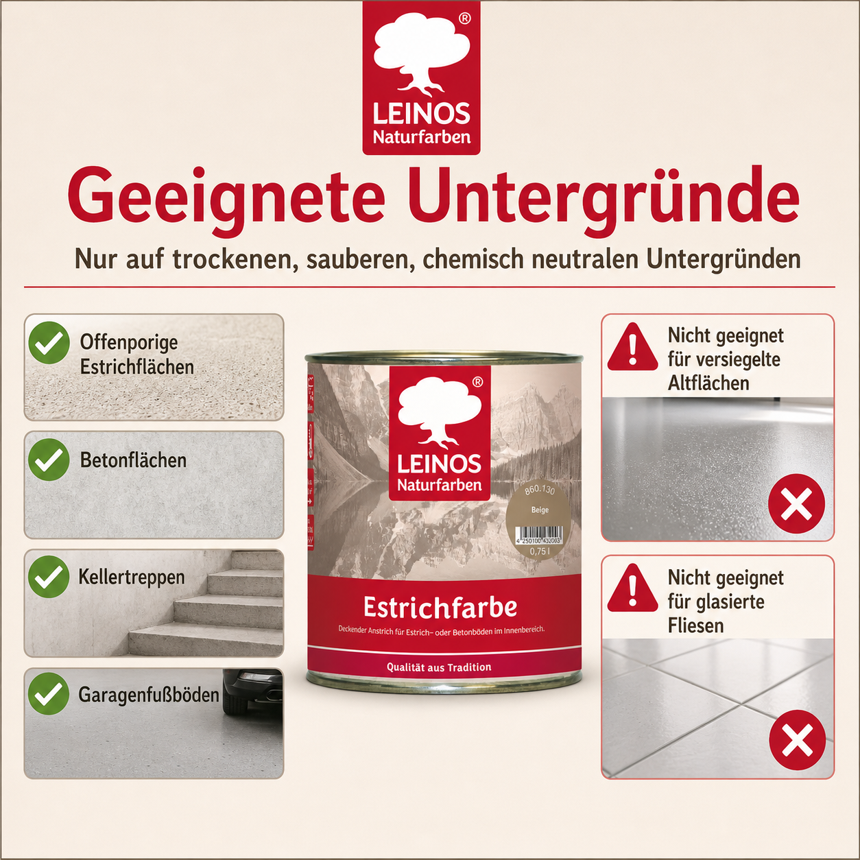 Leinos Naturfarben Estrichfarbe 860 | für innen | Schutz & Farbgebung für offenporige Estrich- & Betonflächen | abriebfest, wasserabweisend | Beige  | 0,75 Liter
