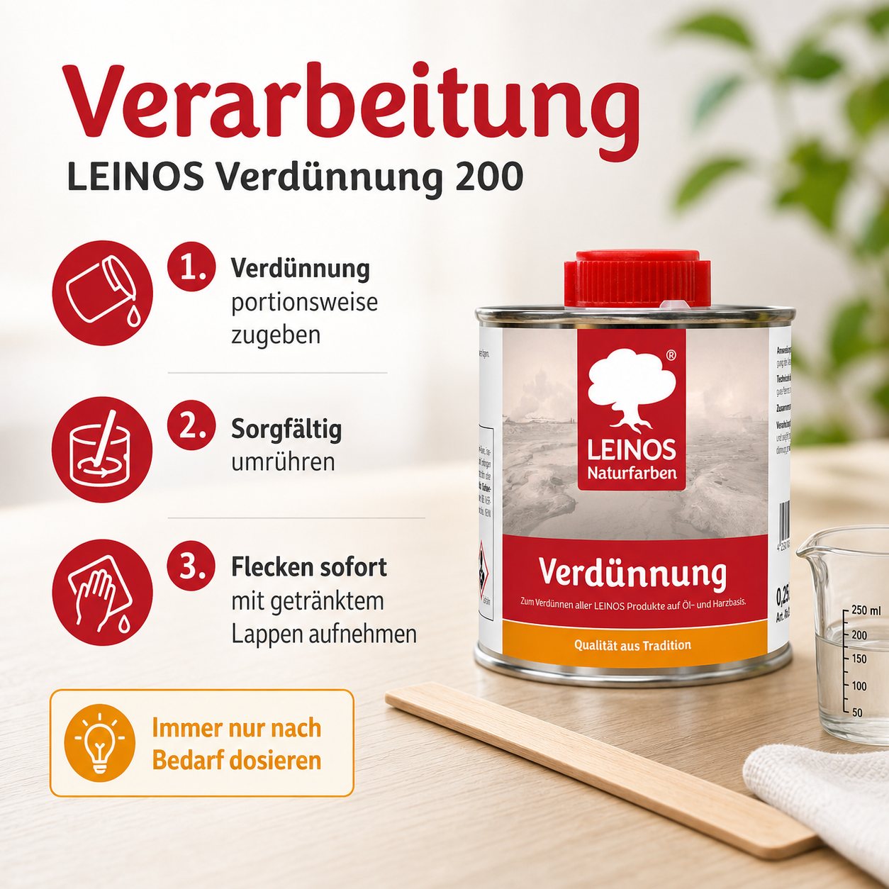 LEINOS 200 Verdünnung 0,25 Liter | Zum Verdünnen aller öligen Produkte sowie zur Reinigung der Arbeitsgeräte. Auch als Fleckentferner geeignet.