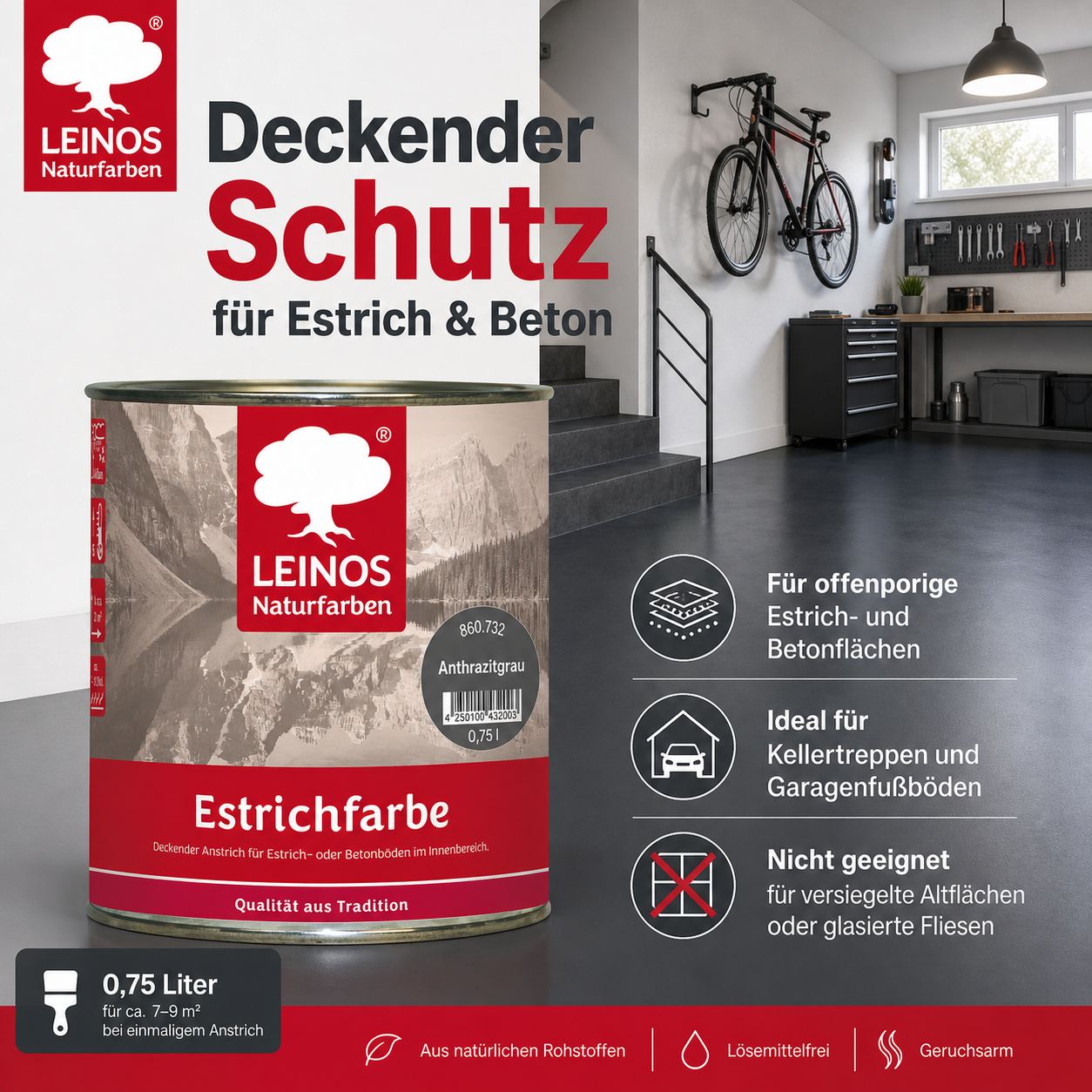 LEINOS Estrichfarbe 860 0,75L Anthrazitgrau– seidenglänzende Beton- & Estrichfarbe für Innen – strapazierfähig & deckend – für Keller, Treppen & Garagenböden – offenporiger Schutzanstrich