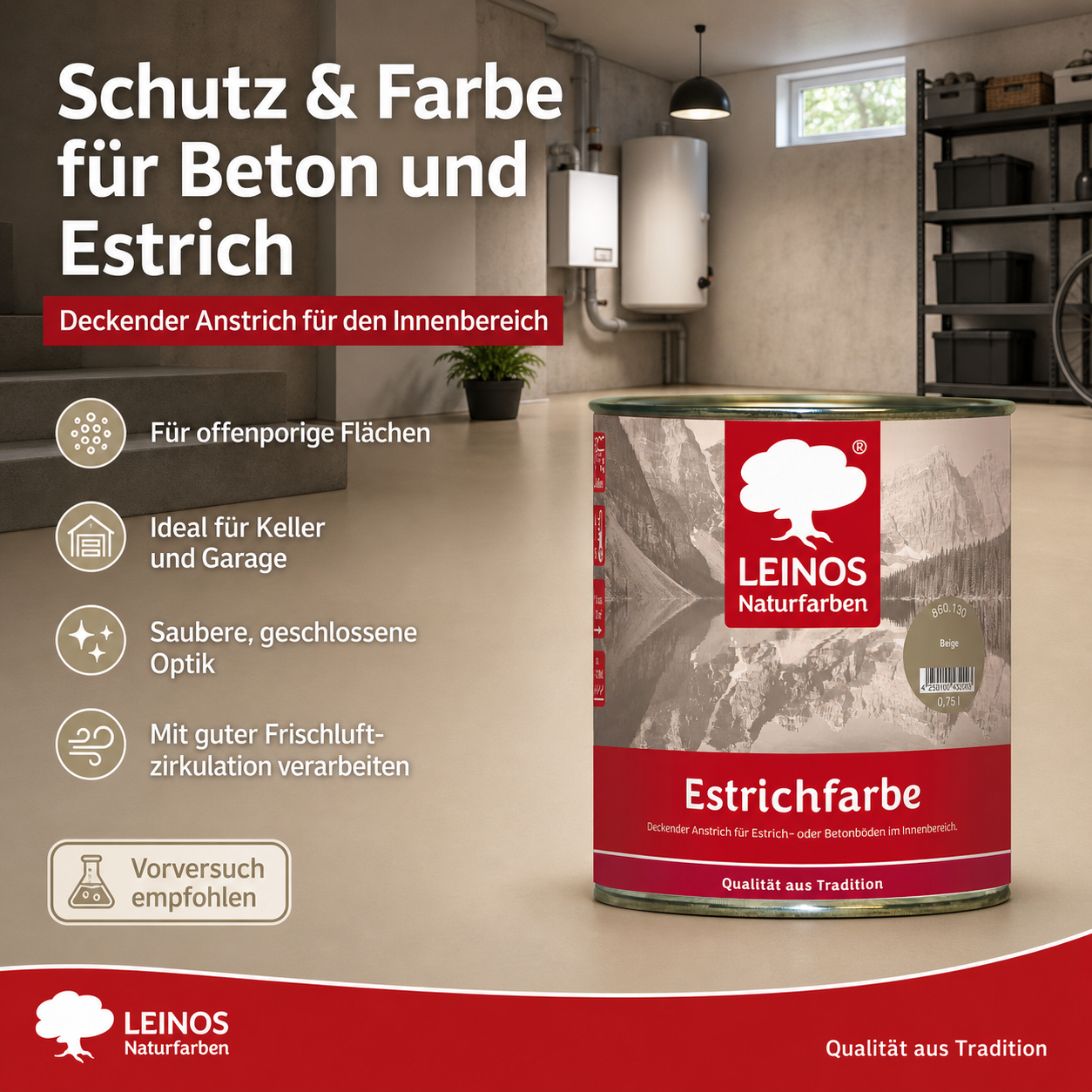 Leinos Naturfarben Estrichfarbe 860 | für innen | Schutz & Farbgebung für offenporige Estrich- & Betonflächen | abriebfest, wasserabweisend | Beige  | 0,75 Liter