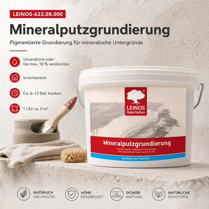 LEINOS Mineralputzgrundierung 2,5 L – pigmentierte, raue silikatische Grundierung für innen, Voranstrich für Silikat- und Kalkfarben auf Putz, Beton, Ziegel, Lehmputz und Gipskarton, atmungsaktiv weiß
