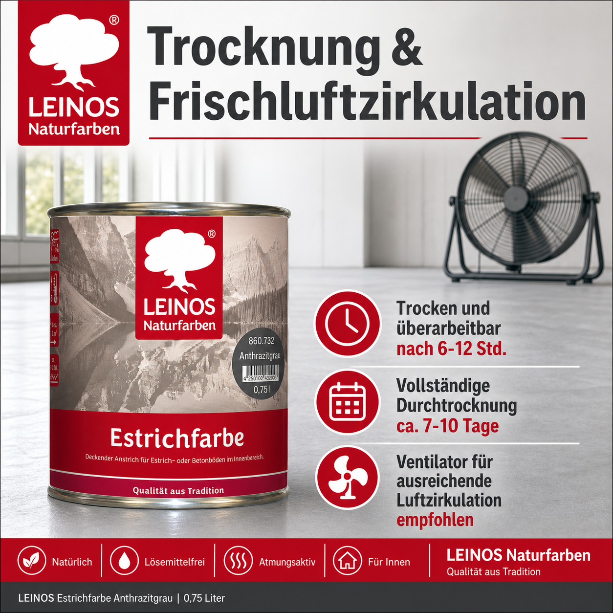LEINOS Estrichfarbe 860 0,75L Anthrazitgrau– seidenglänzende Beton- & Estrichfarbe für Innen – strapazierfähig & deckend – für Keller, Treppen & Garagenböden – offenporiger Schutzanstrich