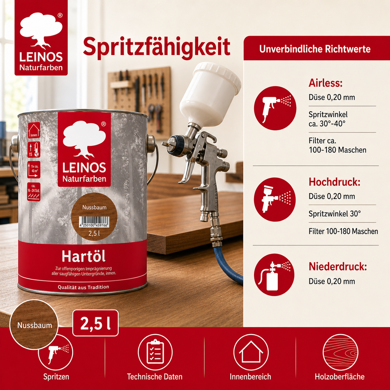 LEINOS Holzöl 2,5 l | Hartöl Nussbaum für Tische Möbel Arbeitsplatten | Teak Eiche Möbelöl für effektive Versiegelung und langanhaltenden Schutz im Innenbereich