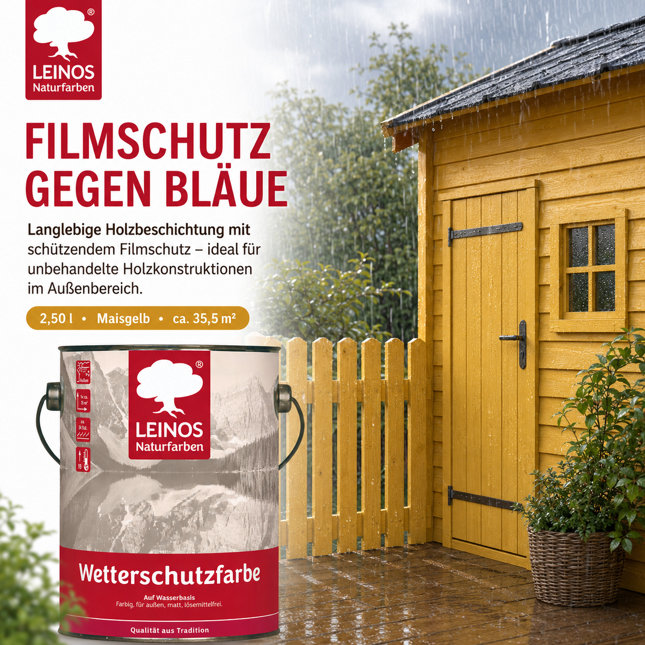 LEINOS Wetterschutzfarbe auf Wasserbasis 855 –2,50 l Maisgelb- Lösemittelfreier, matter Anstrich für unbehandelte Holzkonstruktionen im Außenbereich, ideal für sägeraues Holz