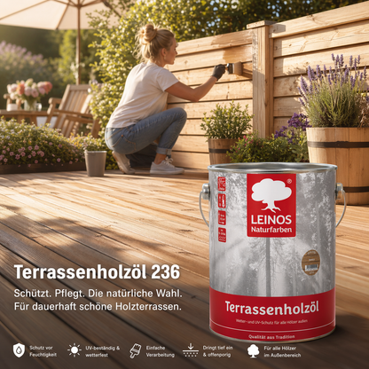 LEINOS Terrassenholzöl 236 | 2,5 Liter | Hochwertiges Holzöl für außen | Für Terrassen, Zäune, Kinderspielgeräte | Farbton: farblos | Tiefer Holzschutz & leichte Anwendung
