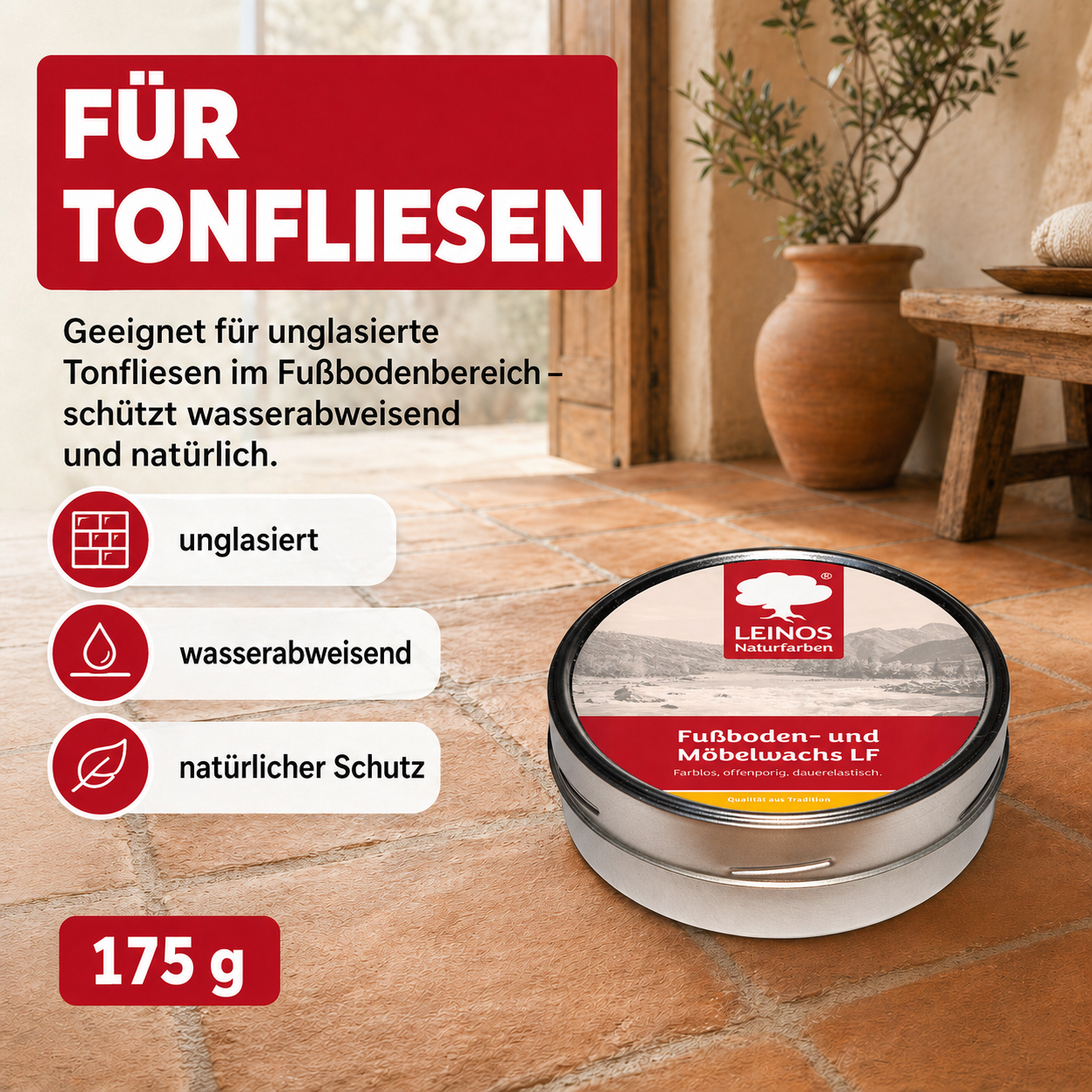 LEINOS Fußboden- & Möbelwachs LF 310 | 175 gramm  Natürliches Hartwachs für Innenbereiche | Atmungsaktiver Schutz für Holz, Kork, Tonfliesen | Reines Naturwachs mit Bienen- & Carnaubawachs