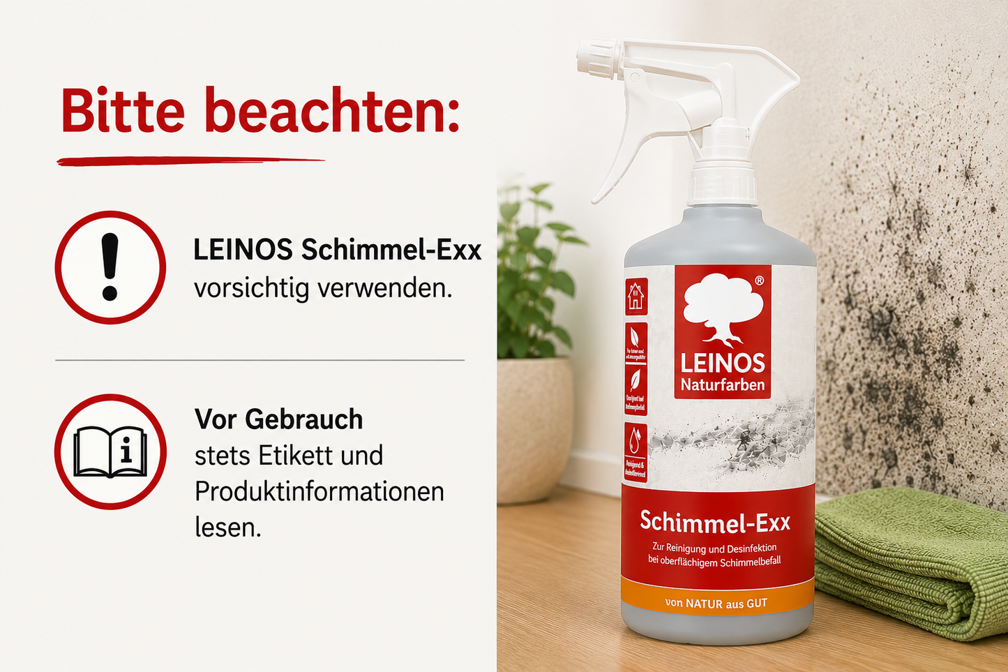 LEINOS 960 Schimmel-Exx 0,5 l Zum sicheren Entfernen von Schimmelpilzen im Innenbereich Ohne Chlorchemie Leicht fließende Flüssigkeit.