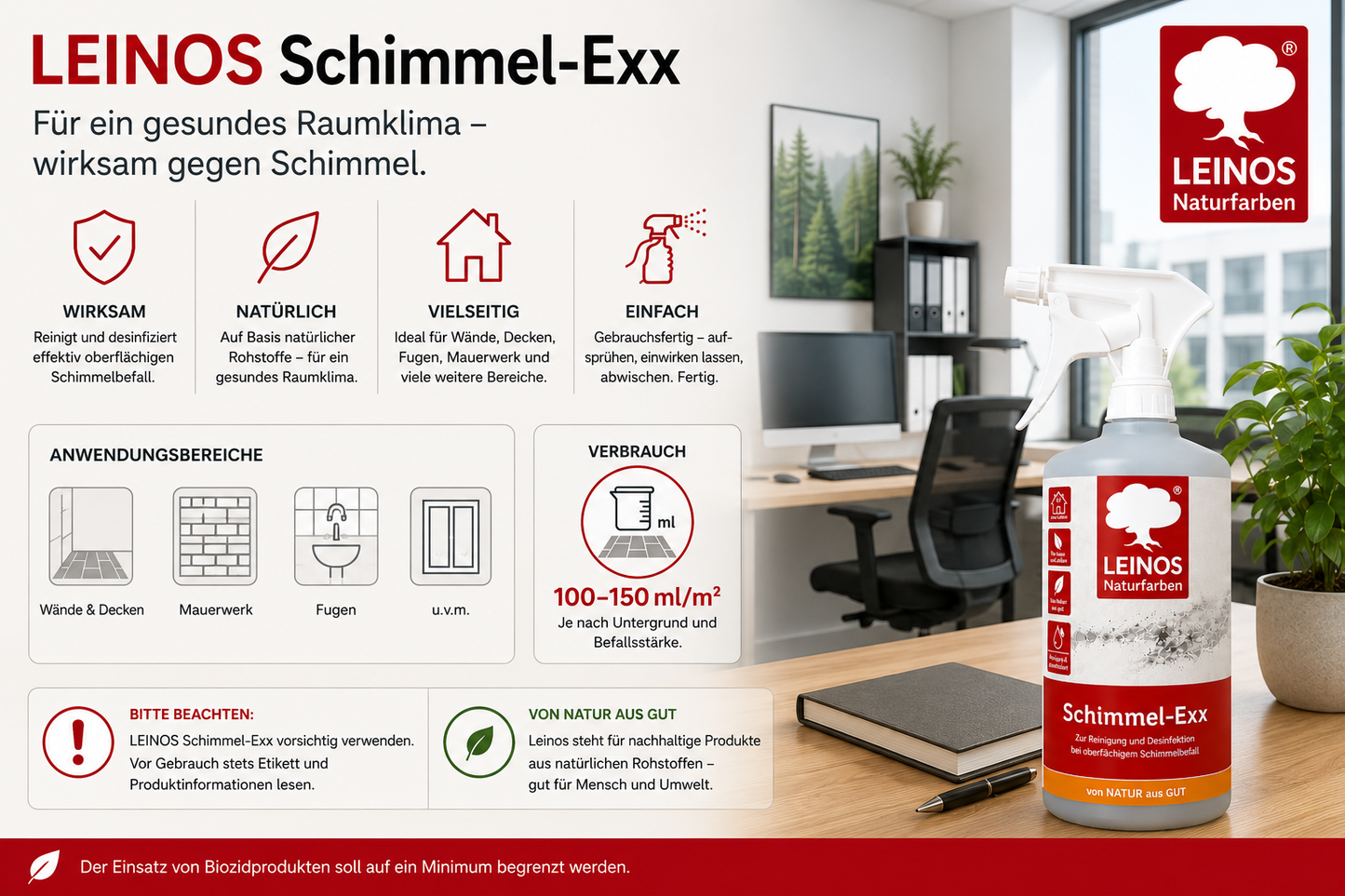 LEINOS 960 Schimmel-Exx 1,00 l Zum sicheren Entfernen von Schimmelpilzen im Innenbereich Ohne Chlorchemie Leicht fließende Flüssigkeit.