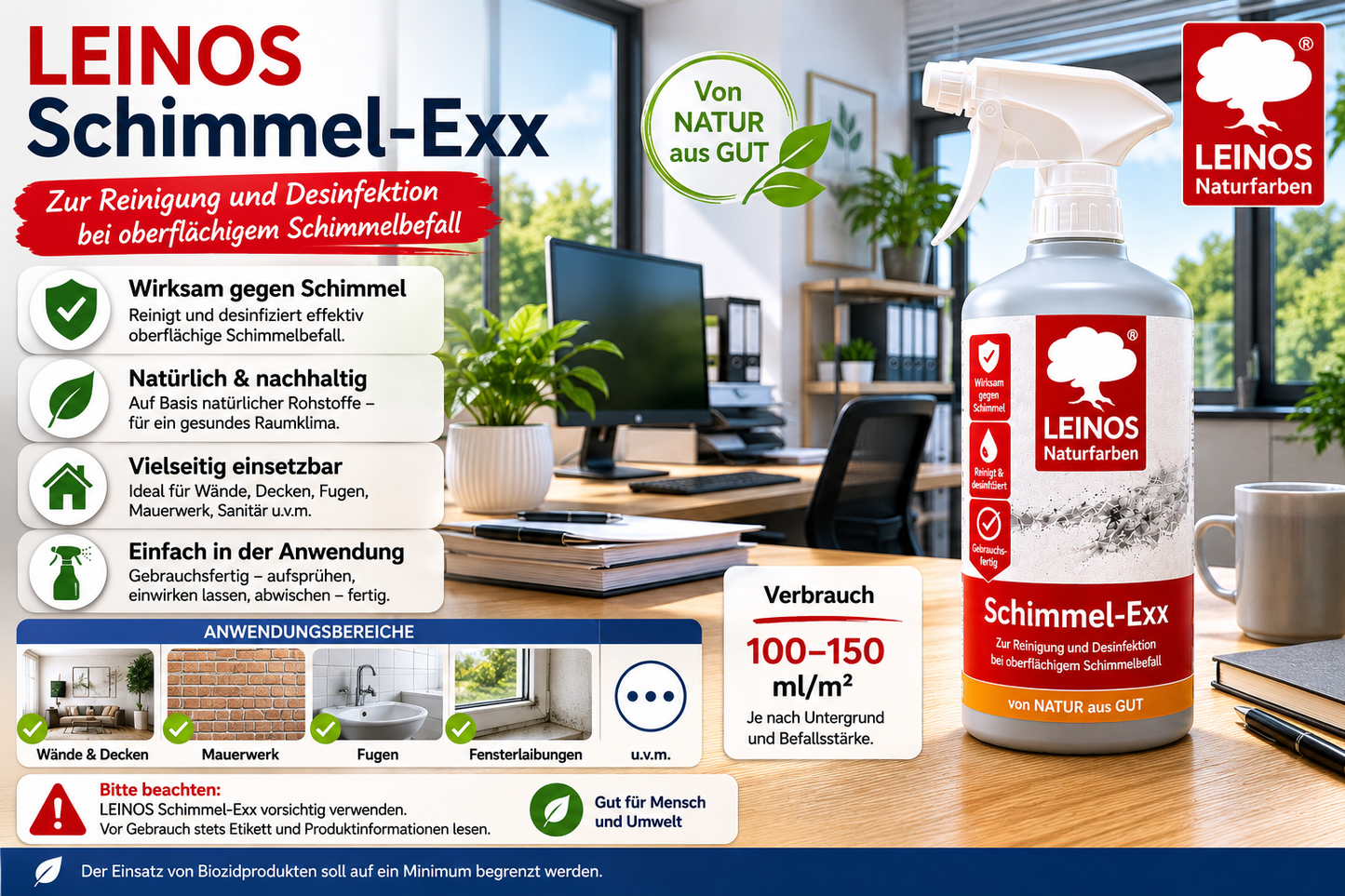 LEINOS 960 Schimmel-Exx 1,00 l Zum sicheren Entfernen von Schimmelpilzen im Innenbereich Ohne Chlorchemie Leicht fließende Flüssigkeit.