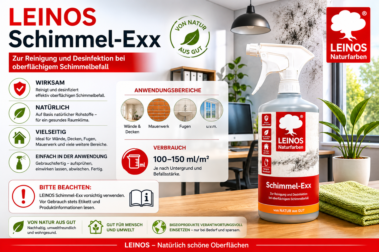LEINOS 960 Schimmel-Exx 1,00 l Zum sicheren Entfernen von Schimmelpilzen im Innenbereich Ohne Chlorchemie Leicht fließende Flüssigkeit.