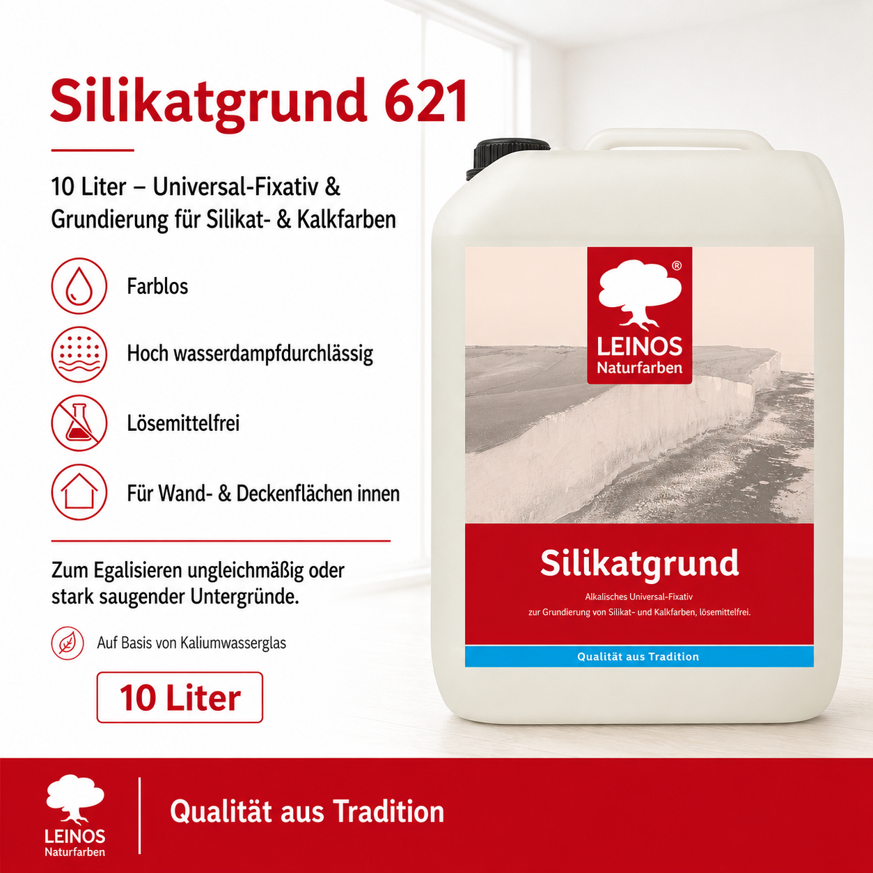 LEINOS 620 Tiefengrund 10,0 L | für stark oder unterschiedlich saugende Wandflächen | Sehr hoch dampfdurchlässig | Farbton nach der Trocknung: nahezu farblos